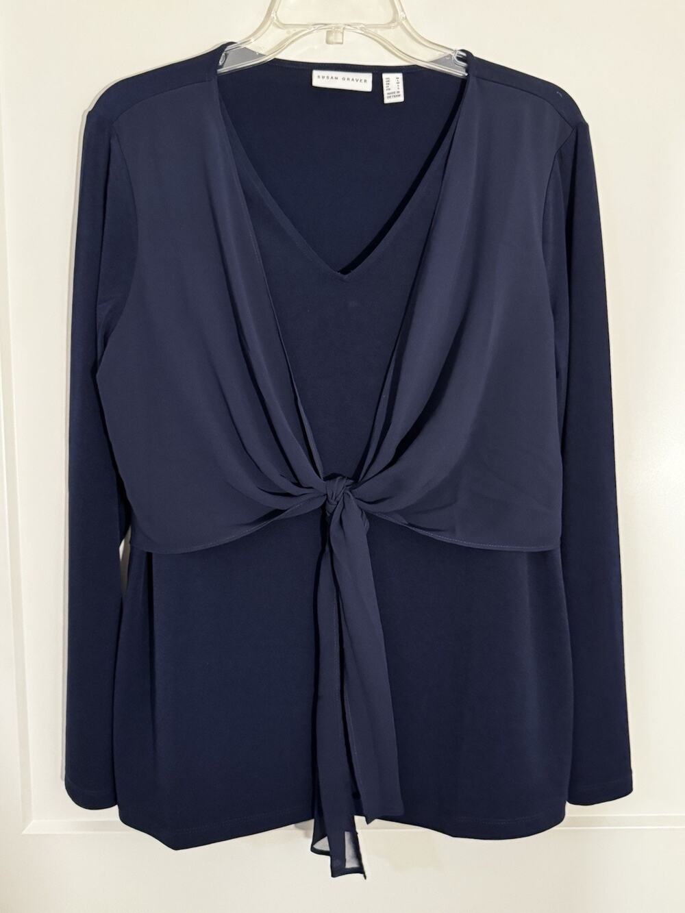 Susan Graver Navy Size M top Travel Office Comfortable Faux Wrap LagenLook